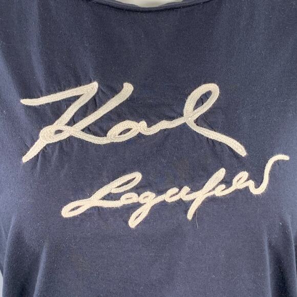 KARL LAGERFELD Size M Navy White Cotton Embroidered Logo Crew Neck T-Shirt - Picture 2 of 7